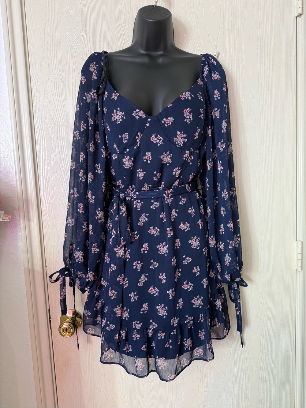 B Darlin Navy Floral Long Sleeve Tie-Waist Ruffle Dress